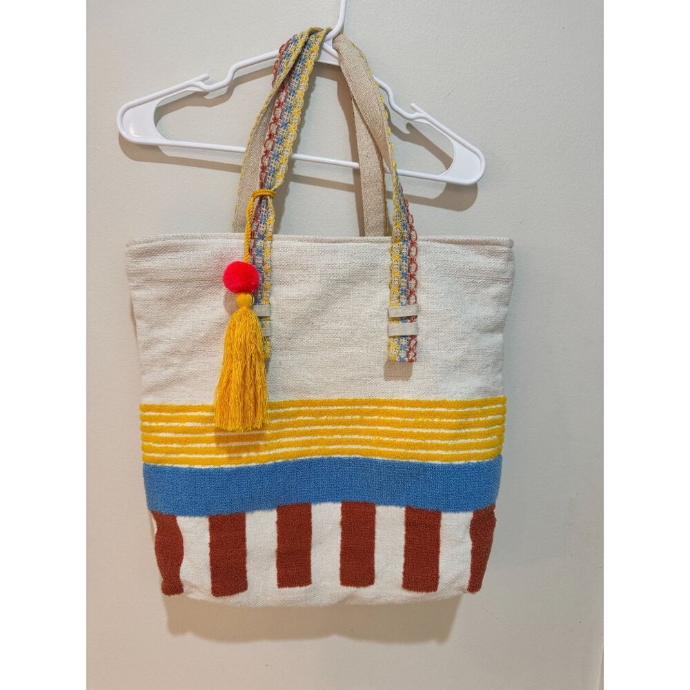 Canvas Tote Bag With Red Stripes Yellow & Blue Accents Multicolor Handles